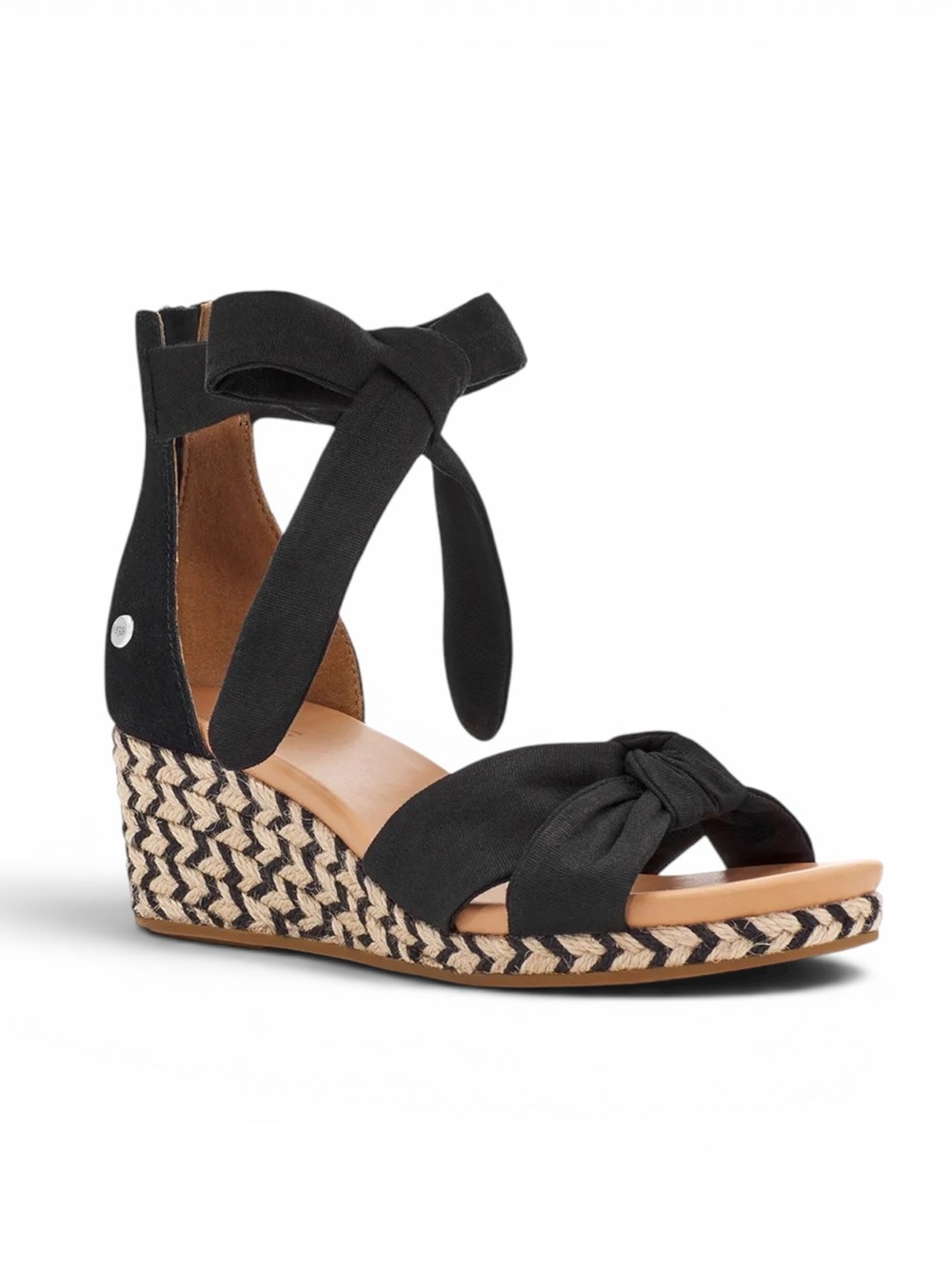UGG Yarrow Espadrille Wedge Sandals Lace Up Ankle Tie Shoes Black Tan Size 9.5